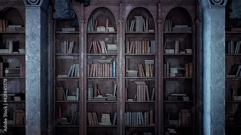 An Ancient Medieval Library With Old Books And Cobweb Covered