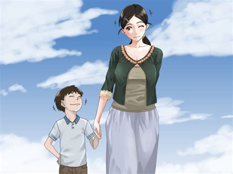 Dmm Age Difference Black Hair Breasts Cloud Large Breasts Mother And Son Sky Smile Wink