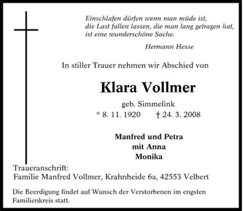 Traueranzeigen Von Klara Vollmer Trauer In NRW De