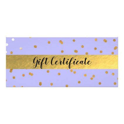 A Purple And Gold Gift Certificate With Confetti Dots On It In Front Of A White Background