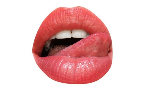 Isolated Woman Mouth And White Teeth With Tongue Licking Lips With Red