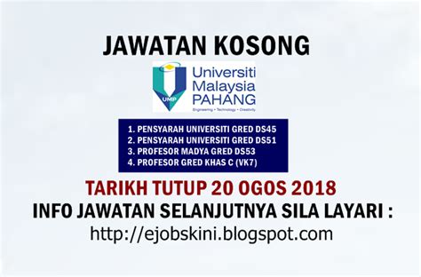 Berikut dikongsikan adalah maklumat penting tentang permohonan jawatan kosong spa negeri pahang termasuk memaparkan kekosongan jawatan dan cara permohonan Jawatan Kosong Universiti Malaysia Pahang (UMP) - 20 Ogos 2018