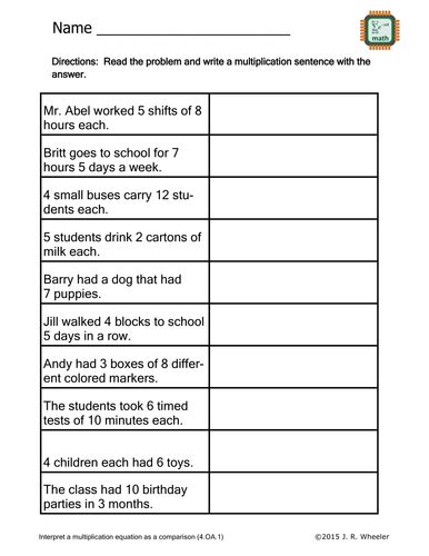 Create Multiplication Sentences Worksheet 4oa1 By Wheelsjr