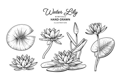 Water Lily Flower Elements Hand Drawn Sketch Botanical Illustrations