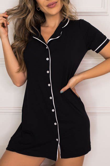 Pijama Americano Feminino Short Doll Curto Com Botões Preto