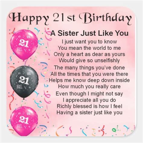 Happy 21st Birthday Sister Poem Square Sticker