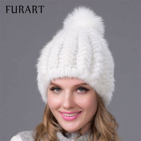 Winter Warm Hat Real Mink Fur Cap With Fur Ball Pom Poms Hats Female Beanies Knitted Caps With