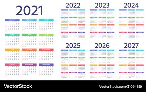Calendar 2021 2022 2023 2024 2025 2026 2027 2020 Vector Image Photos