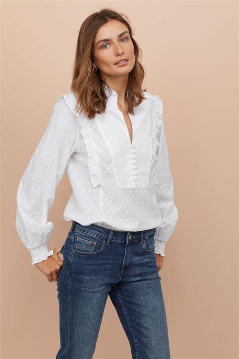 H M Stand Up Collar Cotton Blouse In White Lyst