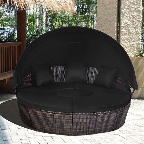 Tangkula Patio Round Daybed With Retractable Canopy Outdoor Wicker