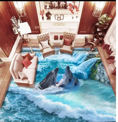 Wear Waterproof Pvc Floor Waterfall Dolphins Living Room Floor Kitchen