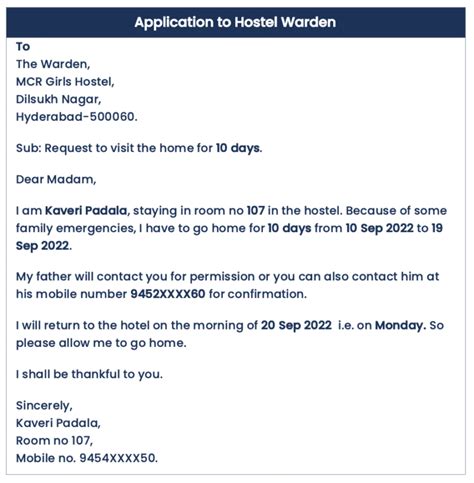 Application To Hostel Warden For Going Home From Hostel