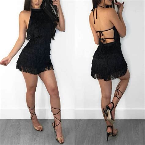 Newest Fashion Black Tassel Women Dress Summer Sexy Backless Halter