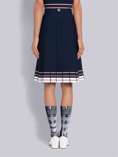 Navy Viscose Double Cricket Stripe Box Pleat Knee Length Skirt Thom Browne Official