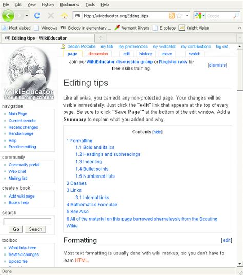 Example of a typical wiki page in WikiEducator as seen by a logged-in ...