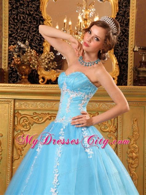 Baby Blue Sweetheart Tulle Sweet Sixteen Appliqued Dresses