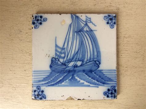 Nautical Antique Blue And White Dutch Delft Pottery Tile Handpainted
