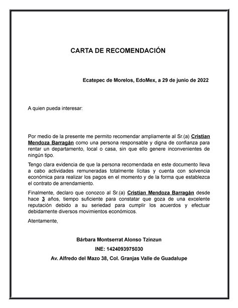 Carta De Recomendacion De Arrendatario Top Sample V I