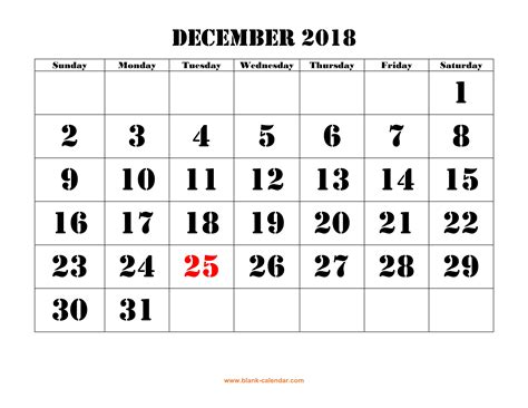 Free Download Printable December 2018 Calendar Large Font Design