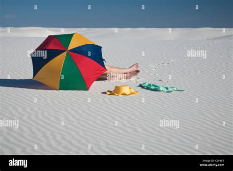 Beach Umbrella Sand Dune Naked Woman Sun Bathing White Sands