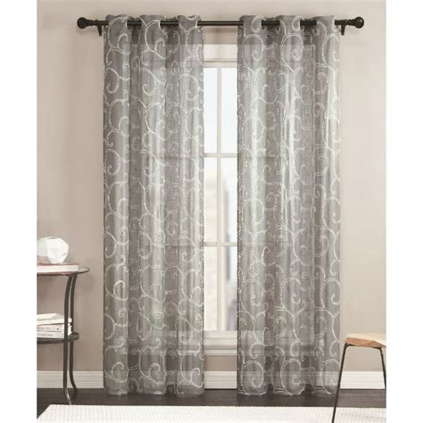 Sheer Grommet Window Curtain Panel Pair With White Scroll Design