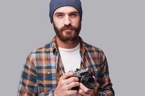 Premium Photo Confident Photographer Handsome Young Bearded Man