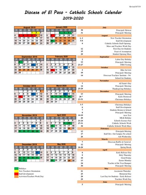 2019 2020 Catholic School Calendar Diocese Of El Paso 1 Catholic