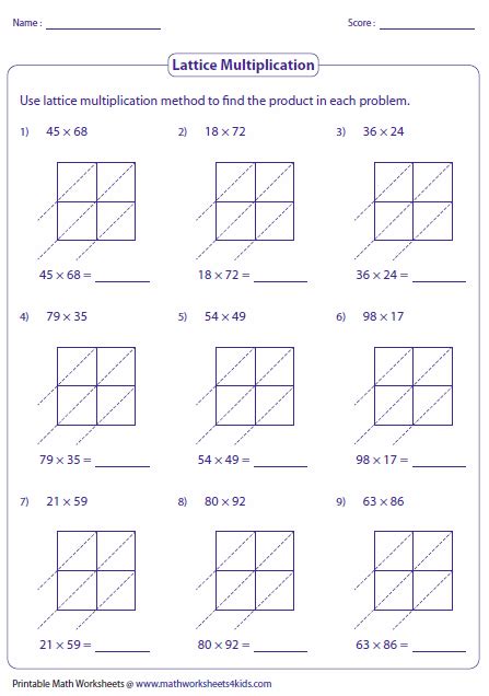Lattice Multiplication Blank 2 Digit X 1 Digit Worksheets