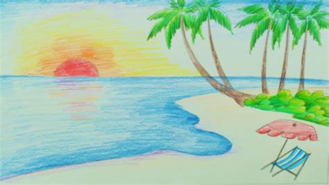 How To Draw Easy Scenery And Sea Beach Landscape Scenery Drawing Step