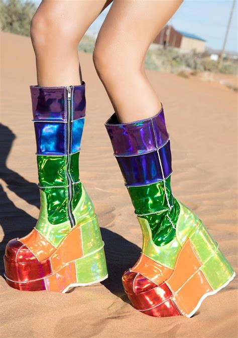Demonia Way Up High Rainbow Stack Platforms Funky Shoes Boots Knee High Combat Boots