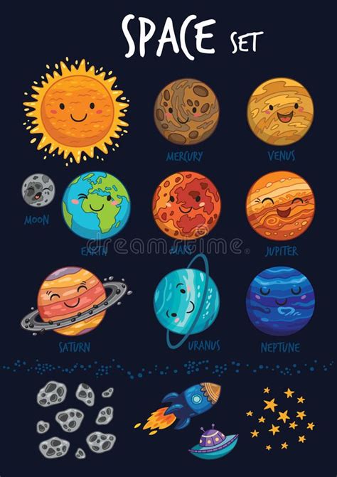 Space Set Collection Of Cute Cartoon Planet Vector Illustration In