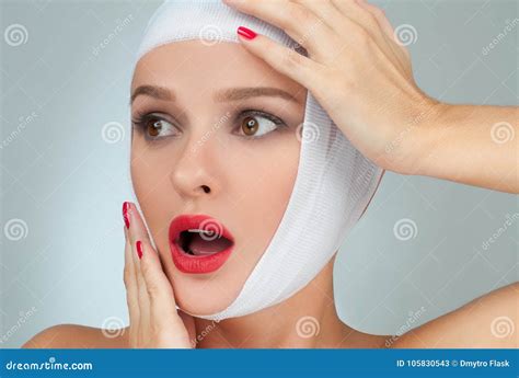 Beauty And Fashion Beautiful Woman After Plastic Surgery With Bandaged