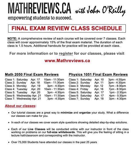 Below are some guidelines to let you know what to expect for the spring term: Final Exam Review Schedule 2 - Winter 2021