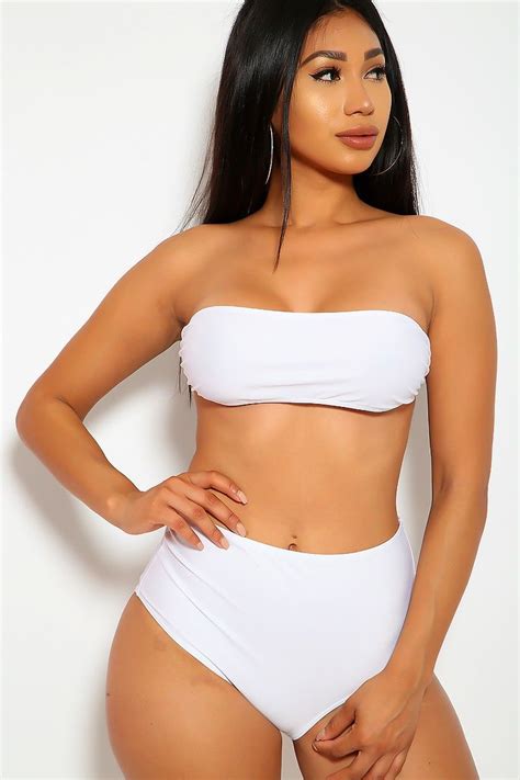 White Bandeau High Waisted 2 Pc Swimsuit White Bandeau Swimsuits