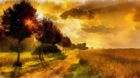 Artwork Field Nature Landscape Trees Sunset Clouds Sky Wallpaper And