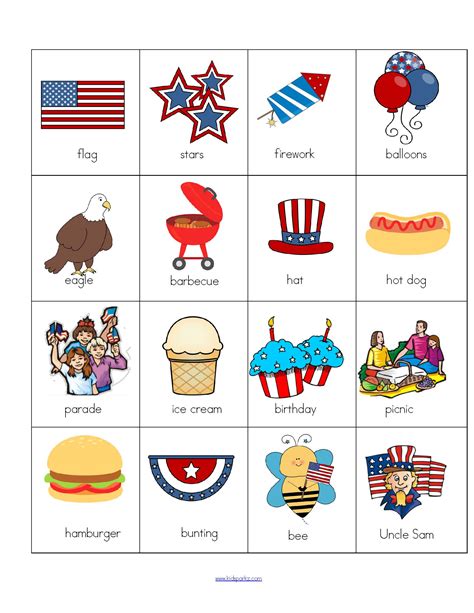 Patriotic bingo in red and blue. July 4th Puzzles and Match Ups
