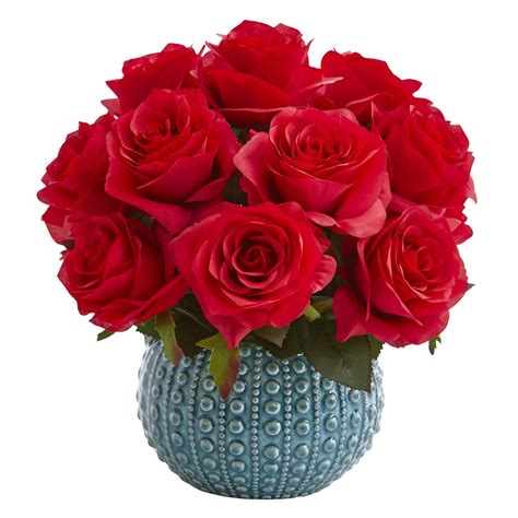 artificial flowers 11 5 inch red rose arrangement in blue ceramic vase artificial artificial