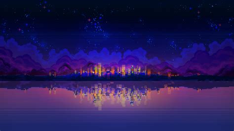 Fondos De Pantalla Arte De Pixel Noche Luces De La Ciudad Nubes