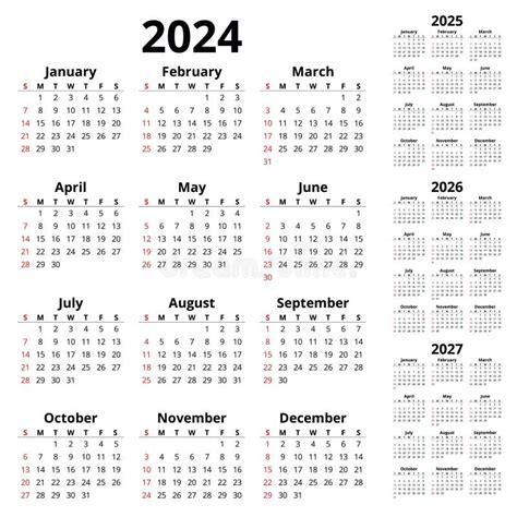 English Calendars With Vertical Weekdays For 2023 2024 2025 Stock