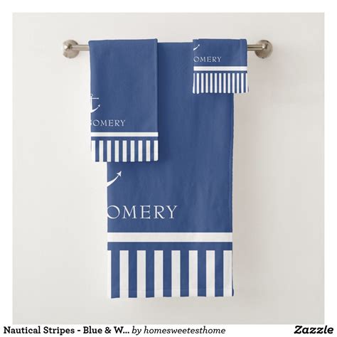 Nautical Stripes Blue And White Add Name Bath Towel Set Nautical