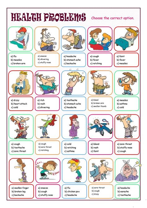 This illnesses vocabulary list includes common aches and pains we feel in our bodies. What's Wrong with You? (Multiple Choice) worksheet - Free ESL printable worksheets made by teachers