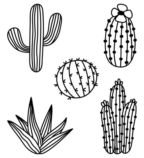Set Of Hand Drawn Isolated Cactus Vector Doodle Cactus Icons Outline