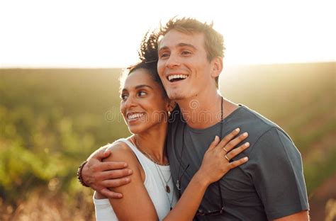 Love Countryside And Couple Smile Smile And Bonding Together On A