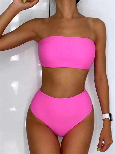 [56 Off] [popular] 2020 Zaful High Waisted Bandeau Bikini Set In Hot Pink Zaful Europe