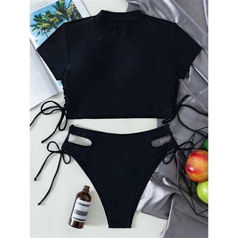 Wholesale Two Pieces Set Women Solid Lace Up Swimsuit Cutout Low Waist Swimwear