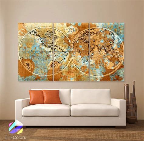 This piece of wall decor brings a breezy, natural aesthetic to your walls. LARGE 30"x 60" 3 Panels Art Canvas Print Original world Map Watercolor Old Vintage Rustic Wall ...