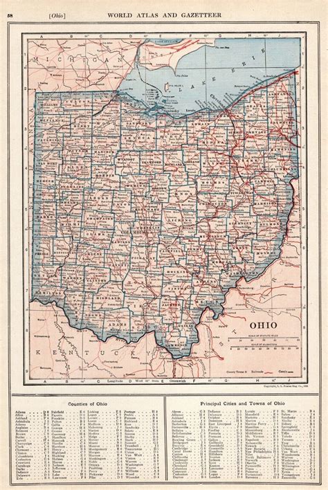 1921 Antique Ohio Map Vintage State Map Of Ohio Gallery Wall Art Home
