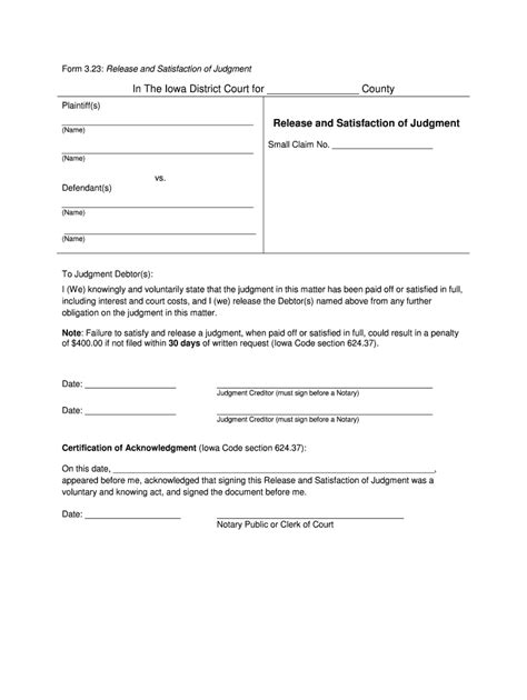 Iowa Release And Satisfaction Of Judgment Form Fill Out And Sign