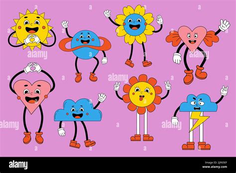 Set Retro Cartoon Stickers With Funny Comic Characters With Funny Faces