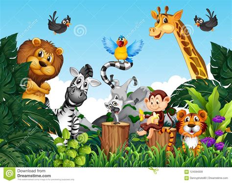 Wild animals in the jungle stock illustration. Illustration of picture - 124594009